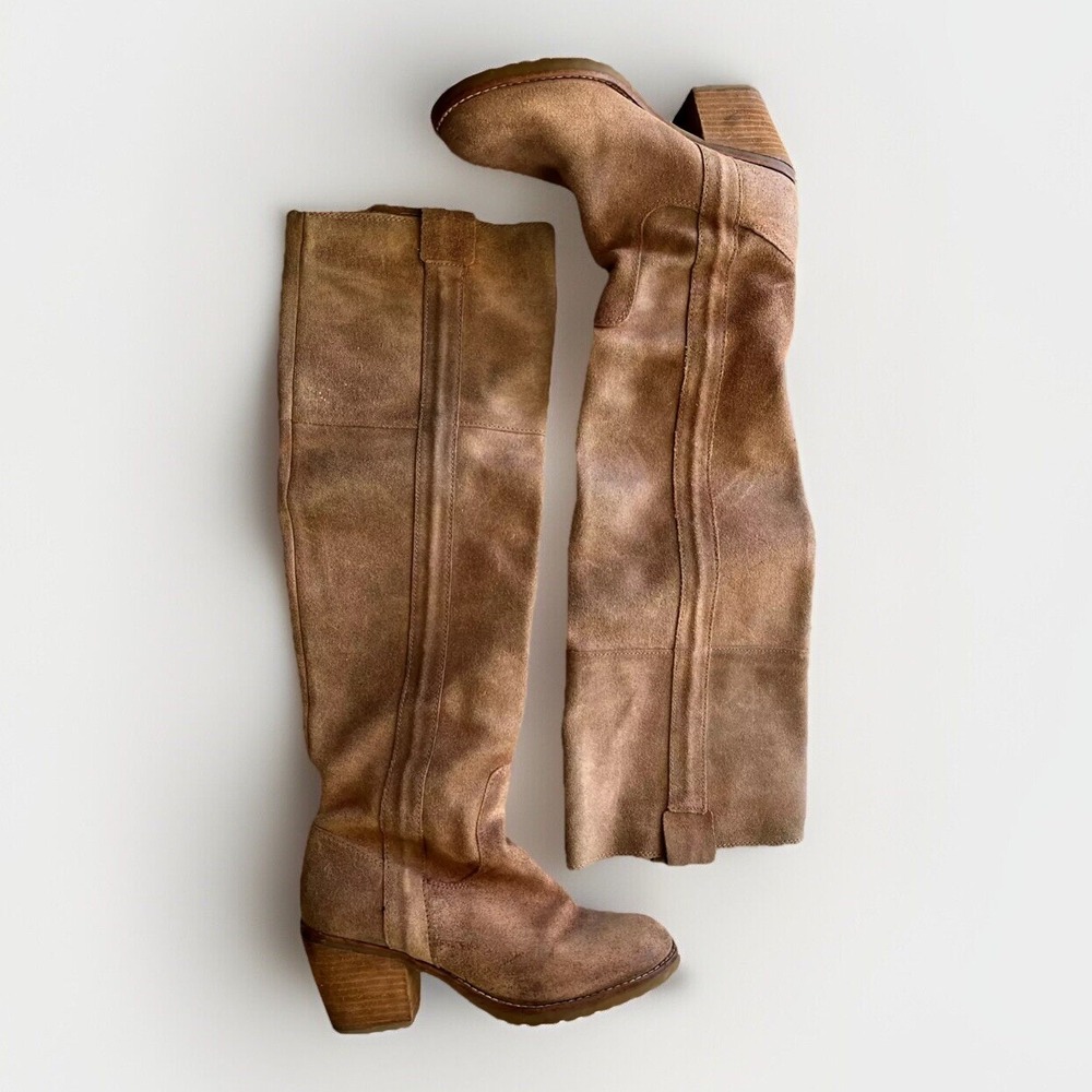 Report Belzer Over The Knee Boots Women's 6.5 Tan Suede Stacked Wood Heel